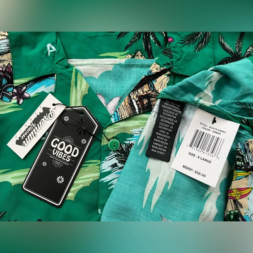 Good Vibes by Drill Clothing Shirt Men XL Green Button Hawaiian Aloha NWT - Picture 5 of 6